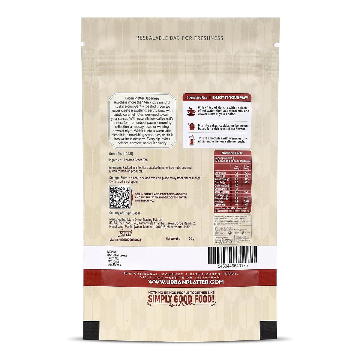 Urban Platter Japanese Hojicha Green Tea, 20g, (Low Caffeine, Roasted Green tea, Coarsely Ground for the perfect brew.)
