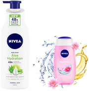 NIVEA Body Lotion, Aloe Hydration, 400 ml & NIVEA Body Wash, Waterlily & Oil Shower Gel, Pampering Care with Refreshing Scent of Waterlily Flower, 250 ml
