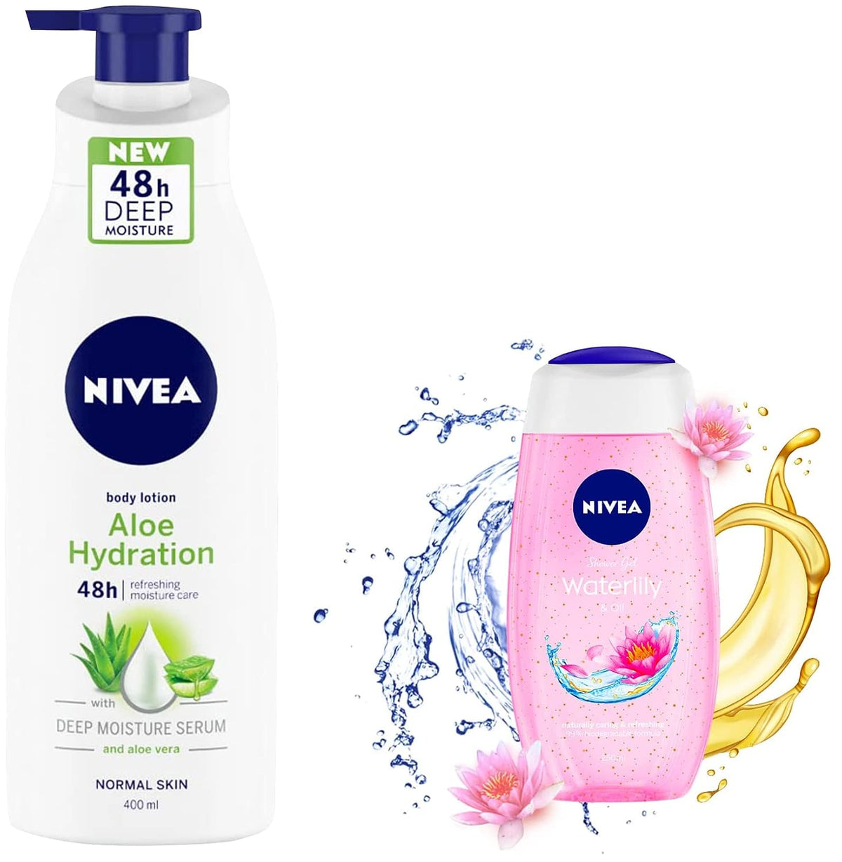 NIVEA Body Lotion, Aloe Hydration, 400 ml & NIVEA Body Wash, Waterlily & Oil Shower Gel, Pampering Care with Refreshing Scent of Waterlily Flower, 250 ml