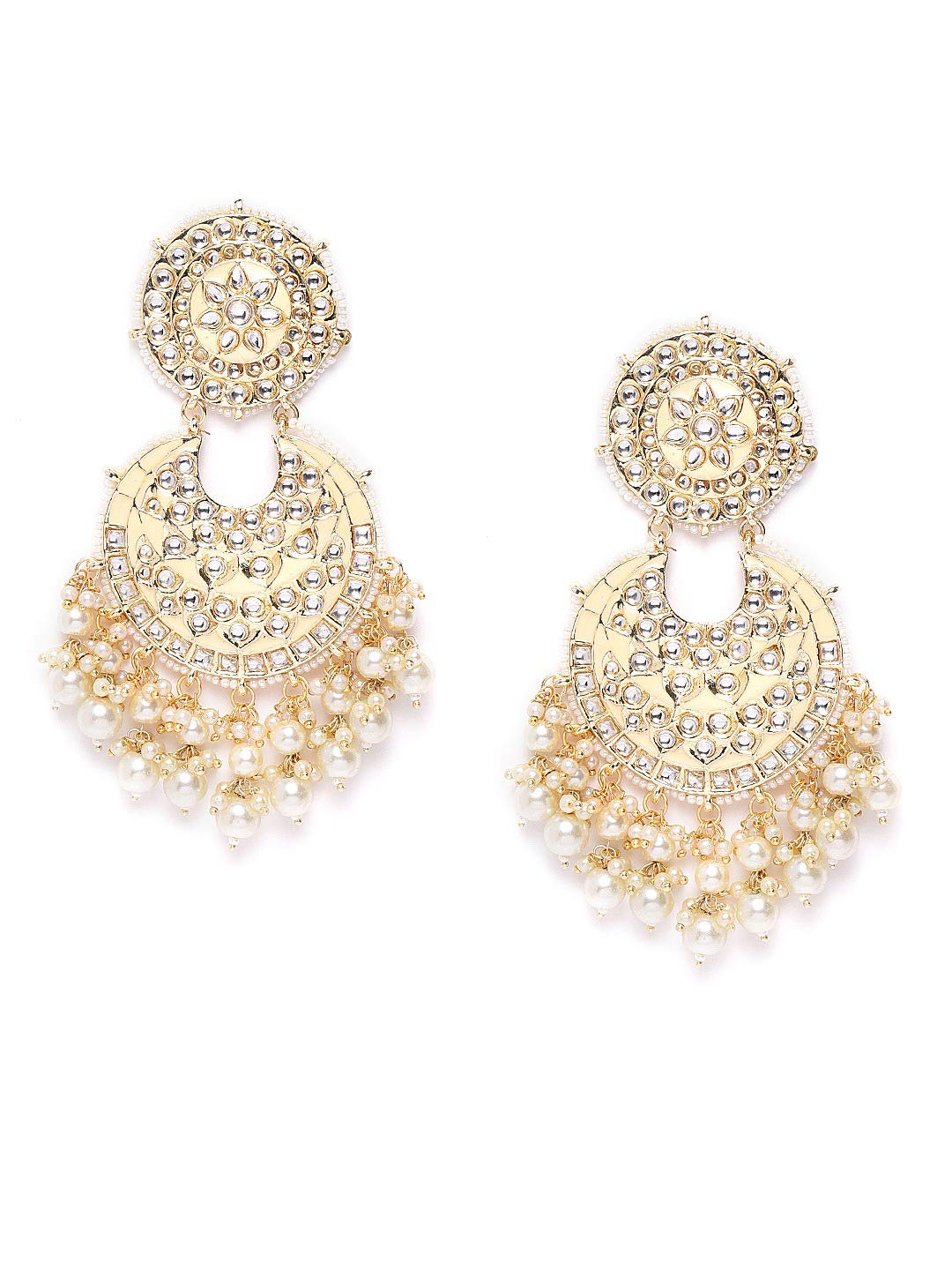 Priyaasi Gold-Plated Kundan Stones Chandbali Earrings for Women and Girls (Peach and Gold)