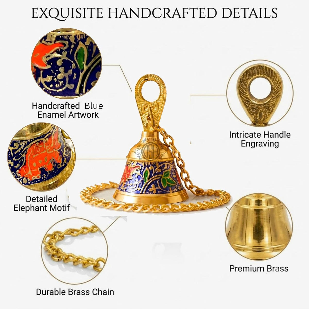 DSH Pure Brass Pooja Room Hanging Bell with Chain Set of 2, for Temple Mandir Home Decorative Bell (Blue)