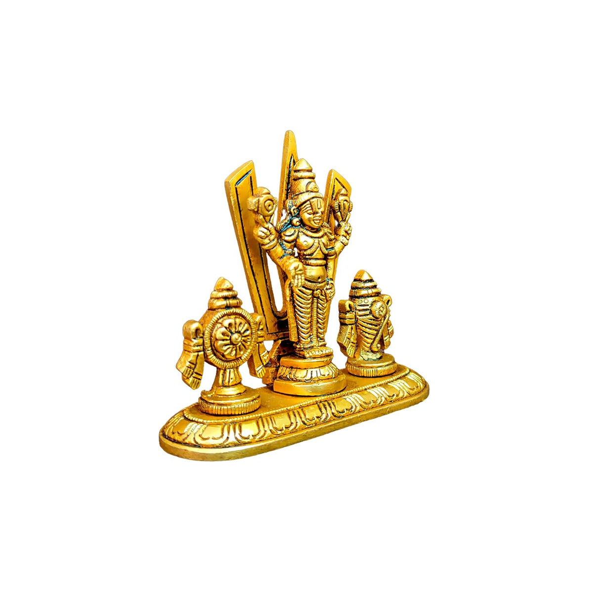 Aalayam Selveer Brass Shankh Chakra Stand with Perumal Idol Small | Small Sangu Chakram Stand with Tirupati Balaji Idol Brass 9cm Height Gold Colour 1 Piece