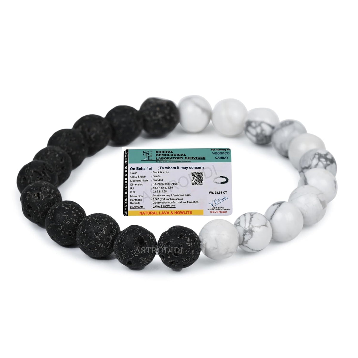 ASTRODIDI Natural Certified Lava Howlite Stone Bracelet for Money, Success & Positive Energy | Original Reiki Feng-Shui Healing Crystal Gemstone Bracelet for Men and Women