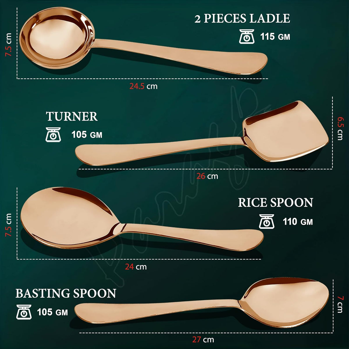 Parage 5 Pieces Stainless Steel Serving Spoons Set of 5 for Dining Table/Kitchen, 1.8 mm Heavy Gauge (2 Soup Ladle/Karchi, 1 Deep Turner, 1 Solid Spoon (Chamcha), 1 Rice Spoon (Steel Rose, Pack of 5)