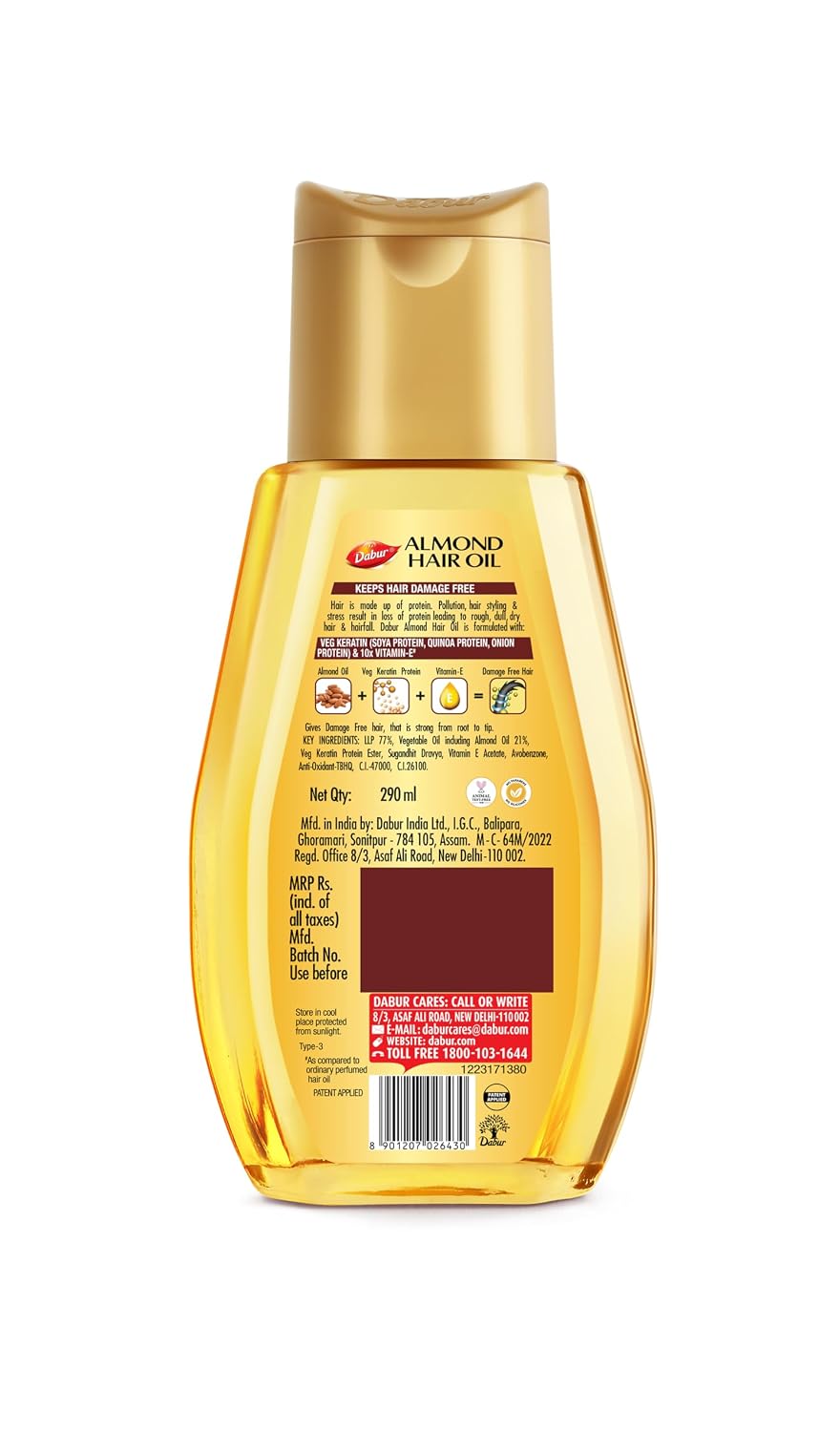 Dabur Almond Hair Oil - 580ml(290ml*2) | Provides Damage Protection | Non Sticky Formula | For Soft & Shiny Hair | With Almonds, Keratin Protein, Soya Protein & 10X Vitamin E