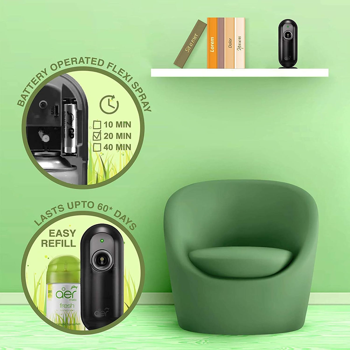 Godrej aer Matic Automatic Room Fresheners Refill Pack | Fresh Lush Green | 2000 Sprays Guaranteed | Lasts up to 60 days (210ml)