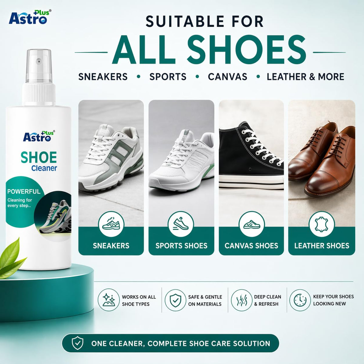 ASTRO PLUS + Shoe Cleaner 200ML | Powerful Deep Cleaning Spray for Sneakers, Leather, Canvas & Sports Shoes | Removes Dirt, Stains & Odor | Quick Dry, Non-Sticky, Safe on All Shoe