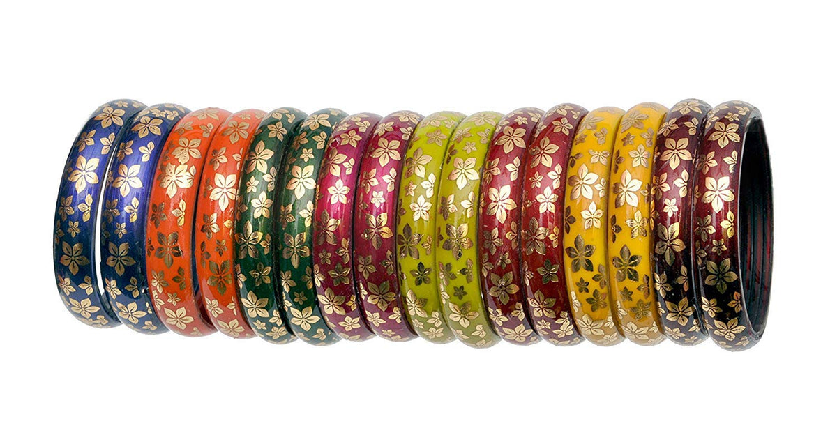 NMII Multicolour Glass with Golden Print Design Glossy Finished Kada Set For Women and Girls