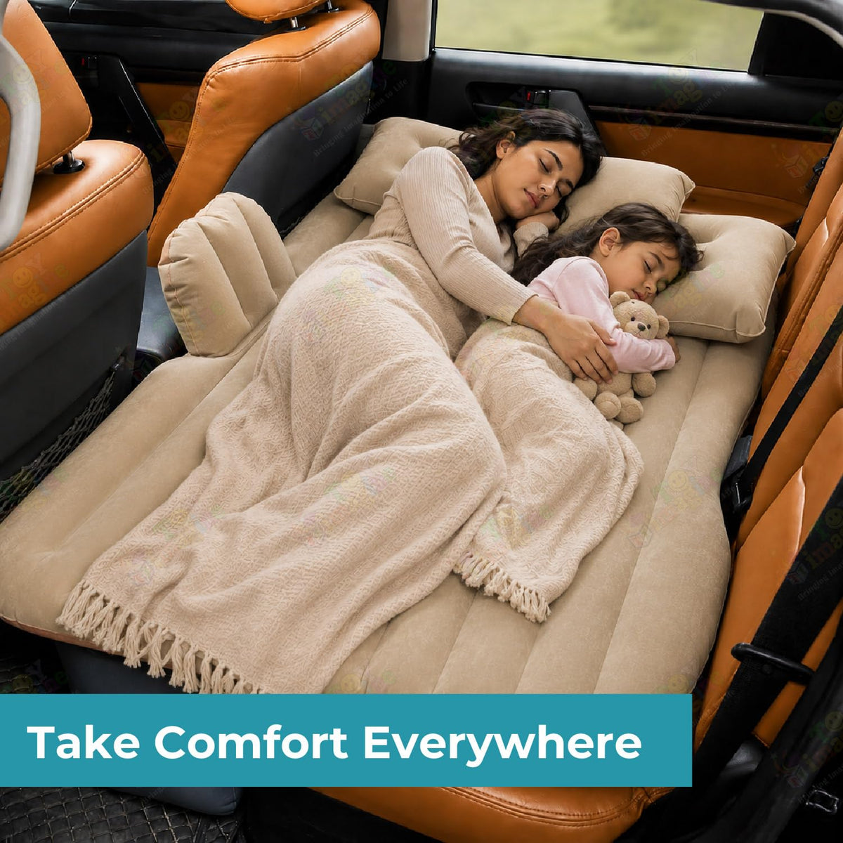 Toy Imagine Inflatable Car Mattress with Pump & 2 Pillows for Travel, Beige