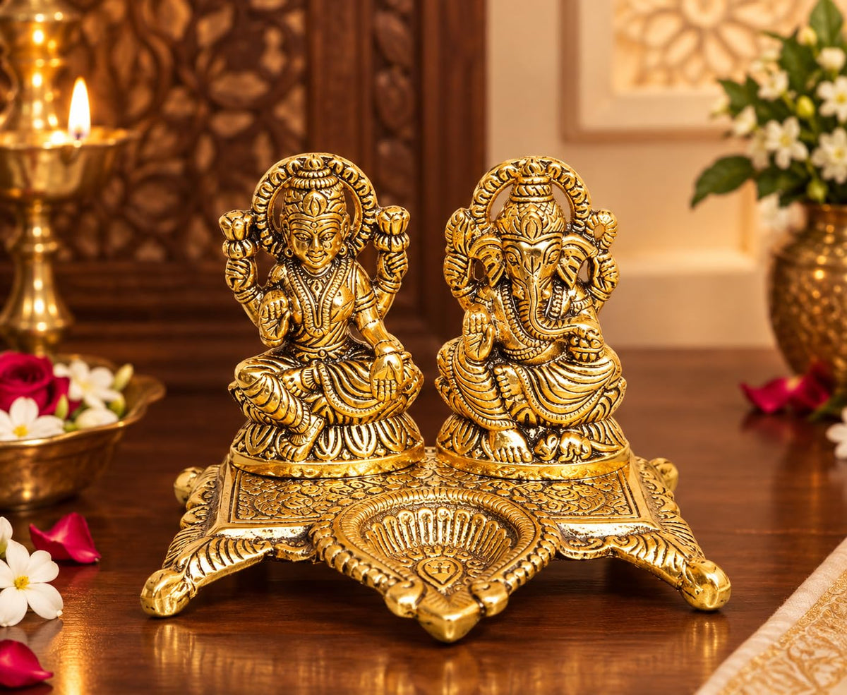 KridayKraft White Metal Gold Plated Diwali Laxmi Ganesh Chocki God Idol with Metal om Shape Incense Stick Holder