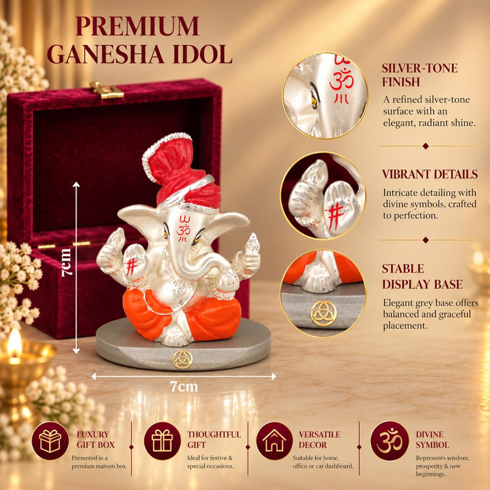 DIVINITI 999 Silver-Plated Lord Ganesha Idol | Ganpati Murti for Car Dashboard, Home, Office & Puja Room | Ganesh Chaturthi, Diwali & Housewarming Gift with Premium Gift Box | 7 x 7 CM