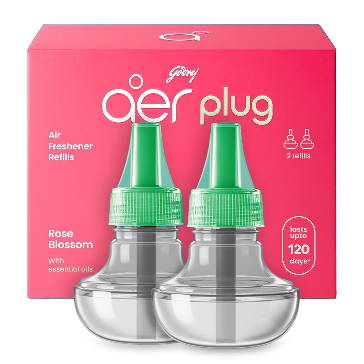 Godrej aer Plug Electric Air Freshener 2 Refills (20ml each) | Rose Blossom | Lasts up to 120 days