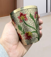 DSH Pure Brass Glass Tumbler for Serving Drinking Water Handmade Design Meena Colour (Set of-4) for Serveware & Drinkware Glass.