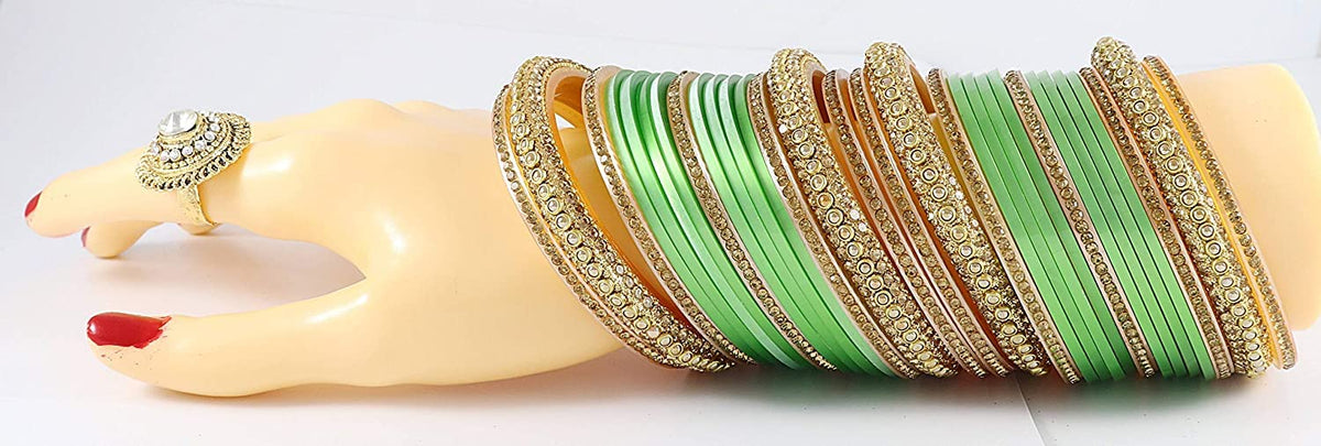 NMII Golden Traditional Acrylic Plastic Chuda Set For Bridal Women & Girls with Zircon Stone & Beads | Stylish Bridal Bangles For Wedding | Plastic Chura Set Punjabi Bnagles