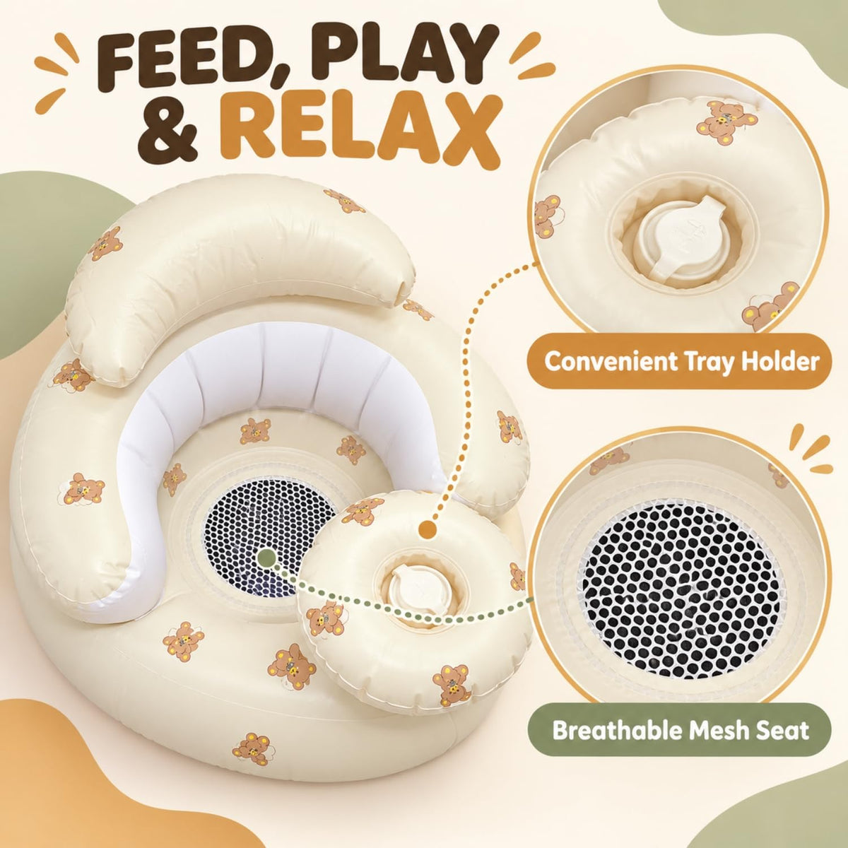 Toy Imagine Inflatable Baby Chair Feeding Tray Back Support & Built-in Pump