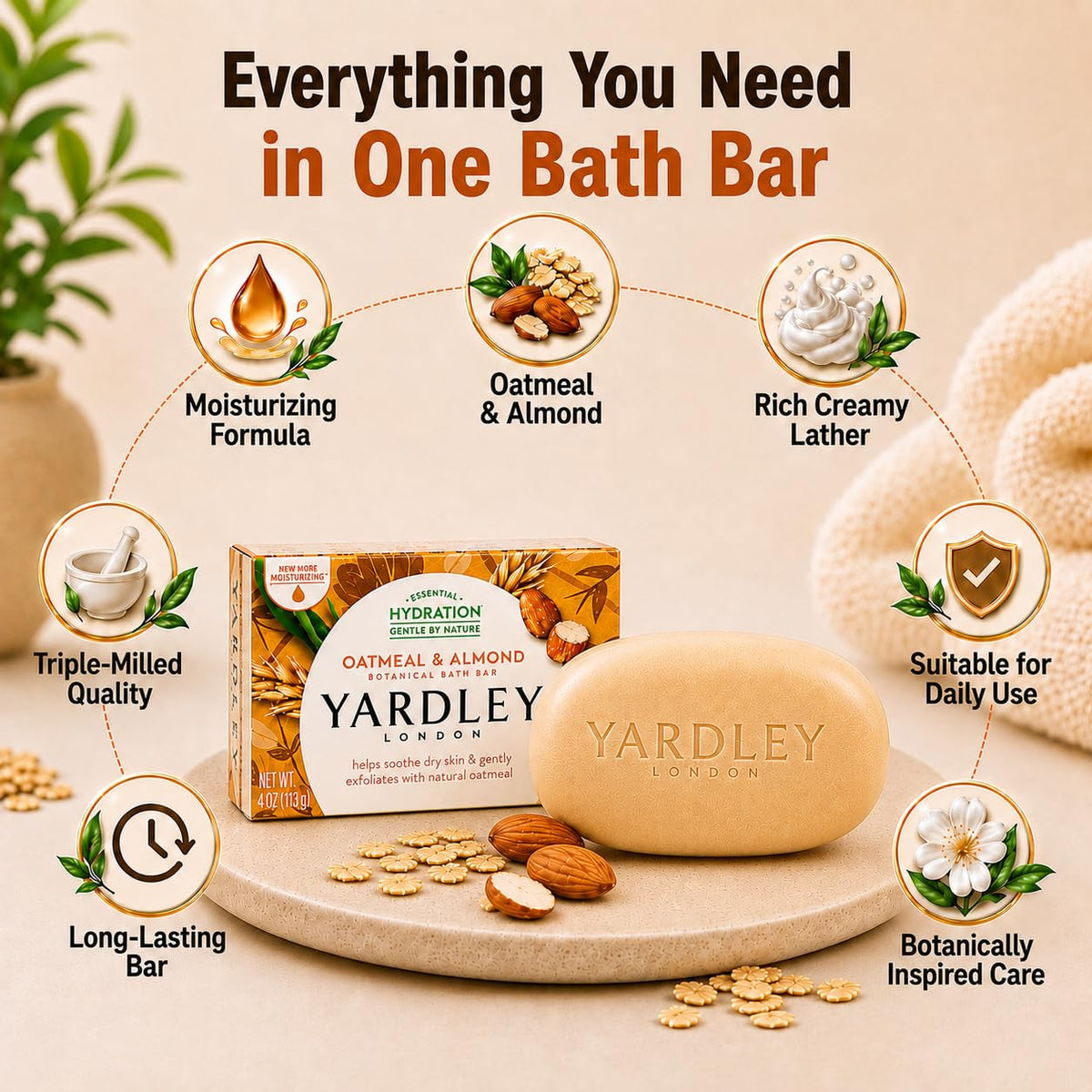Yardley Oatmeal And Almond Bar Soap, 4.25 Ounce