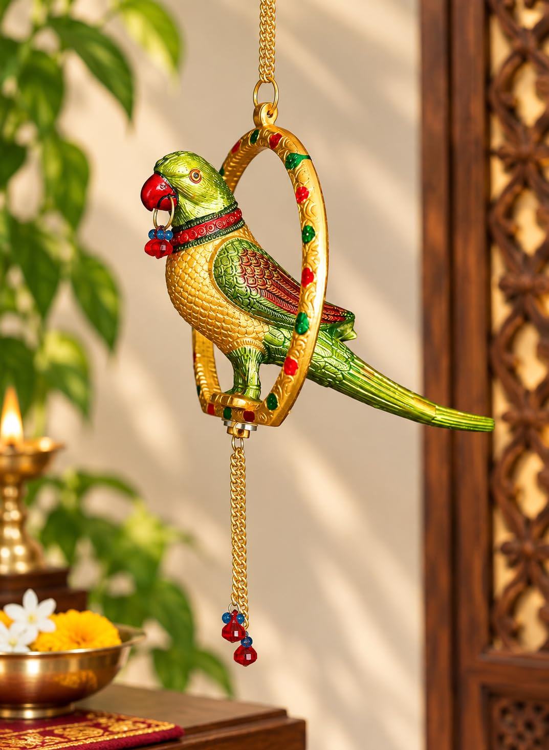KridayKraft Multicolour Parrot Door Hanging, 29 cm Decorative Bird on Engraved Ring with Hanging Chain for Home Entrance, Living Room, Balcony and Housewarming Gift