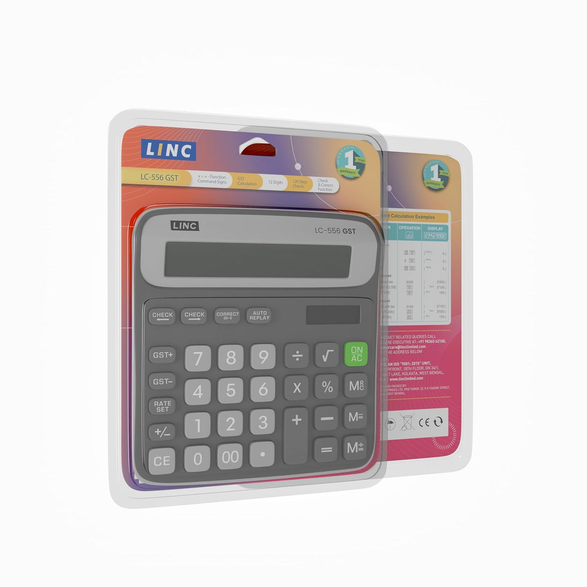 Linc LC-556 Desktop 12 Digits Series GST & Tax Calculator, 120 Steps Check, Black, Pack of 1