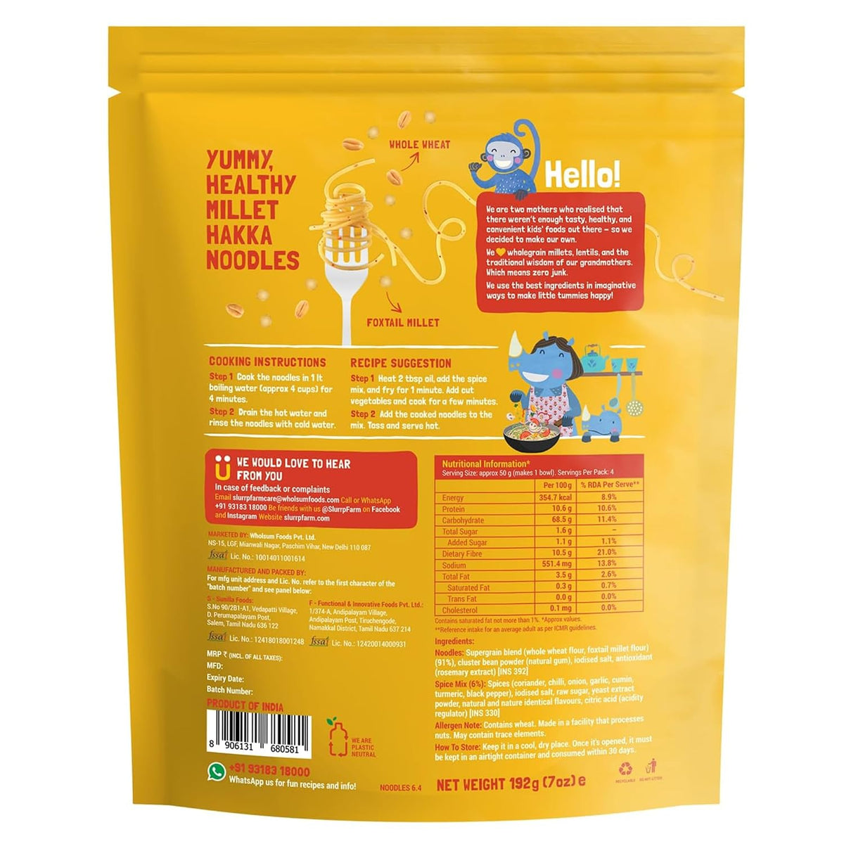 Slurrp Farm No Maida Hakka Noodles, Not Fried, No MSG, Classic Millet and Mild Millet Noodles Combo, Pack of 2, 192g Each