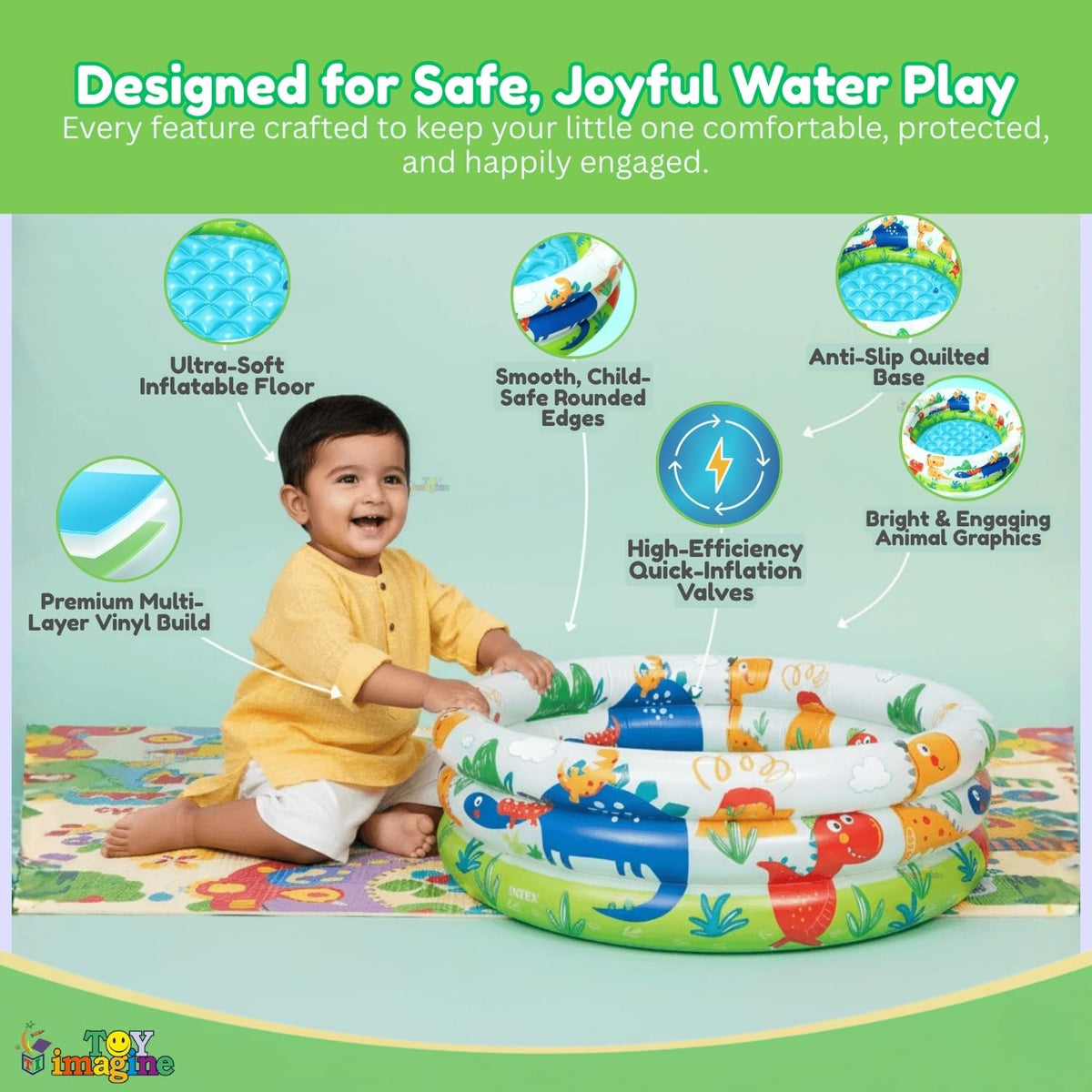 Toy Imagine Swimming Pool for Kids | 3-Ring Baby Bath Tub for Kids 3–6 Years | Portable Inflatable Kiddie Pool Indoor & Outdoor Water Fun | Perfect for Holi & Summer Play Dino Buddies (2 feet)