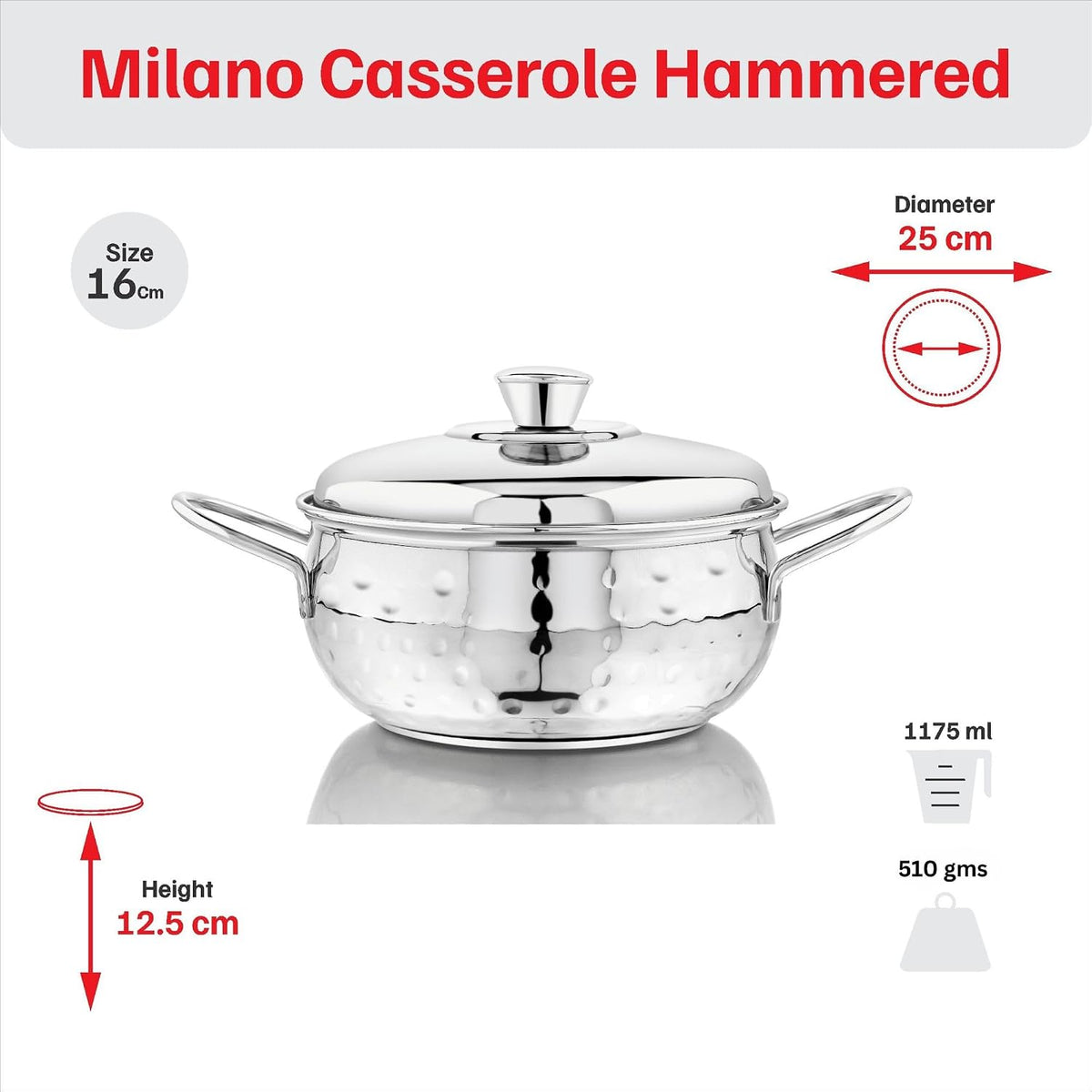 Vinod Stainless Steel Milano Hammered Serving Casserole with Steel Lid & Side Handle 1230 ml, 16 cm