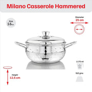 Vinod Stainless Steel Milano Hammered Serving Casserole with Steel Lid & Side Handle 1230 ml, 16 cm