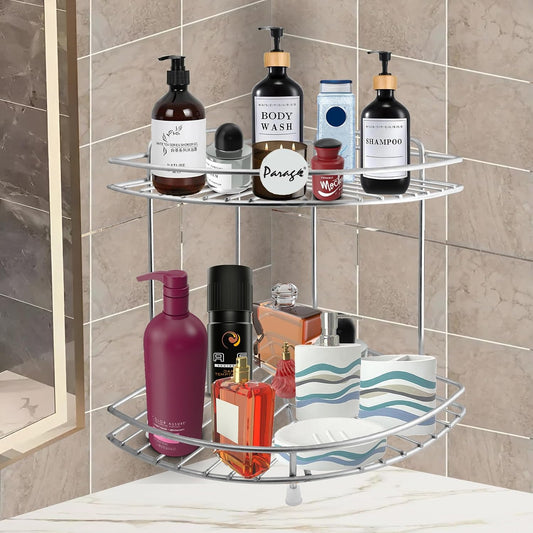 Parage Stainless Steel 2 Tier Multipurpose Storage Organizer, Corner Stand for Kitchen and Bathroom, Shelf Rack, Bathroom Shelf Wall Mounted, Chrome Finish, Size: 23 x 23 x 33 cm