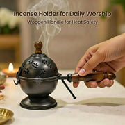 DSH Metal Loban Dani with Wooden Handle Round Dhoop Dani Incense Burner for Bakhoor, Sambrani, Puja & Home Fragrance (LBN-DOM-Black)