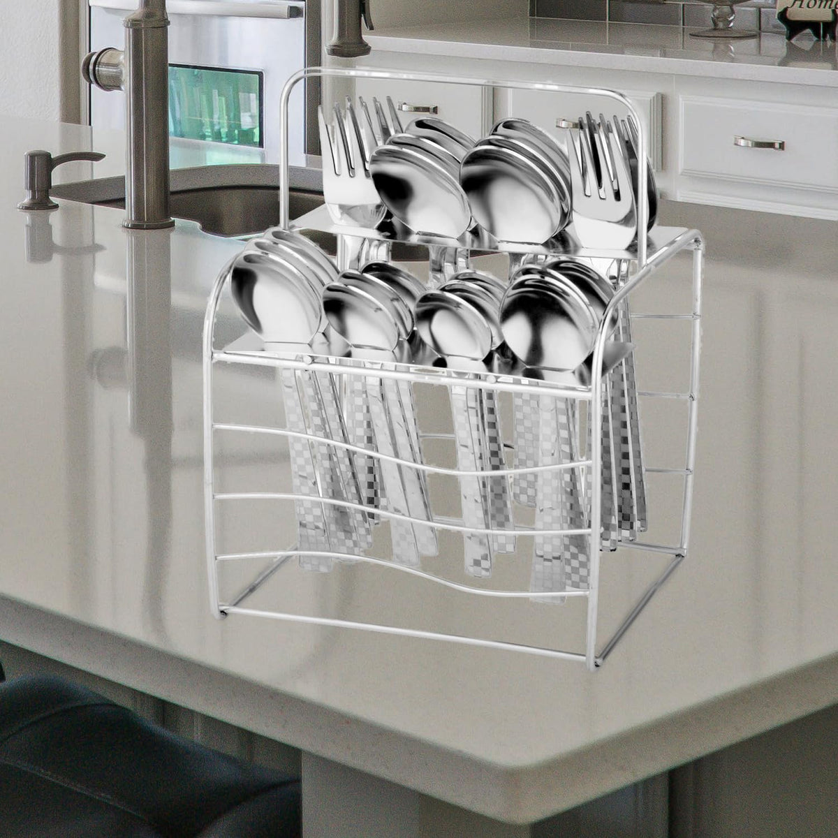 Parage 25 Pieces Decora Premium Stainless Steel Cutlery Set For Home & Kitchen (Contains: 6 Table Spoons, 6 Forks, 6 Master Spoons, 6 Soup Spoons, 1 SS Stand) Spoon Set, Dining Tableware Fancy- Silver