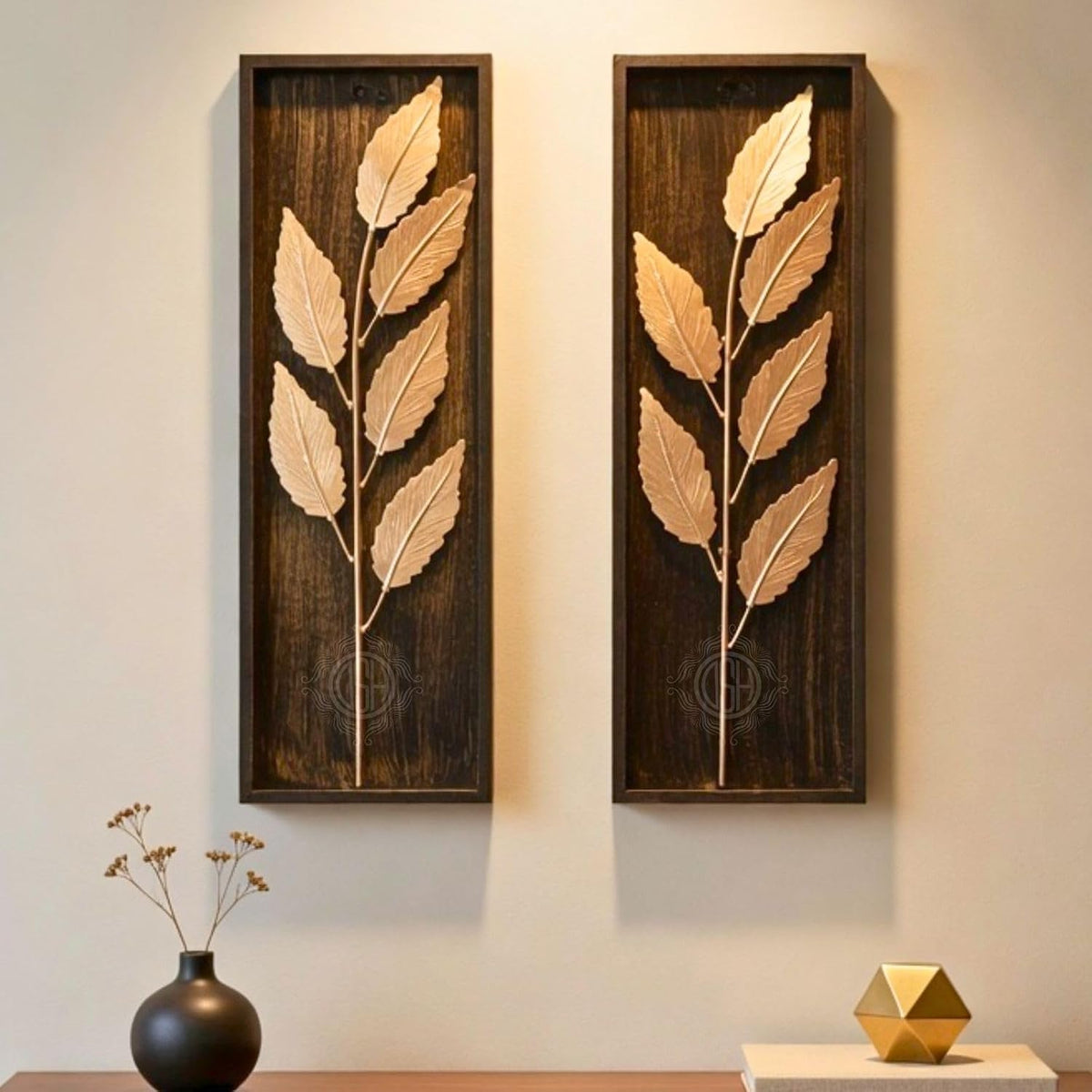DSH Leaf Wall Art Panels Modern Rustic Home Décor Wall Hanging Sculpture for Living Room, Bedroom & Office (45X15 CM) Decoration Item (Titan Leaf, 2 Frames)