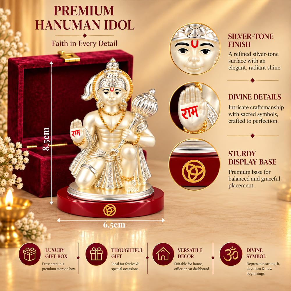 DIVINITI Premium Lord Hanuman Idol with Silver-Tone Finish & Gold Accents | Bajrangbali Idol with Gada, Ram Blessing Hand, Stable Base & Premium Gift Box | Home, Mandir & Gifting | 8.5 x 6.5 cm