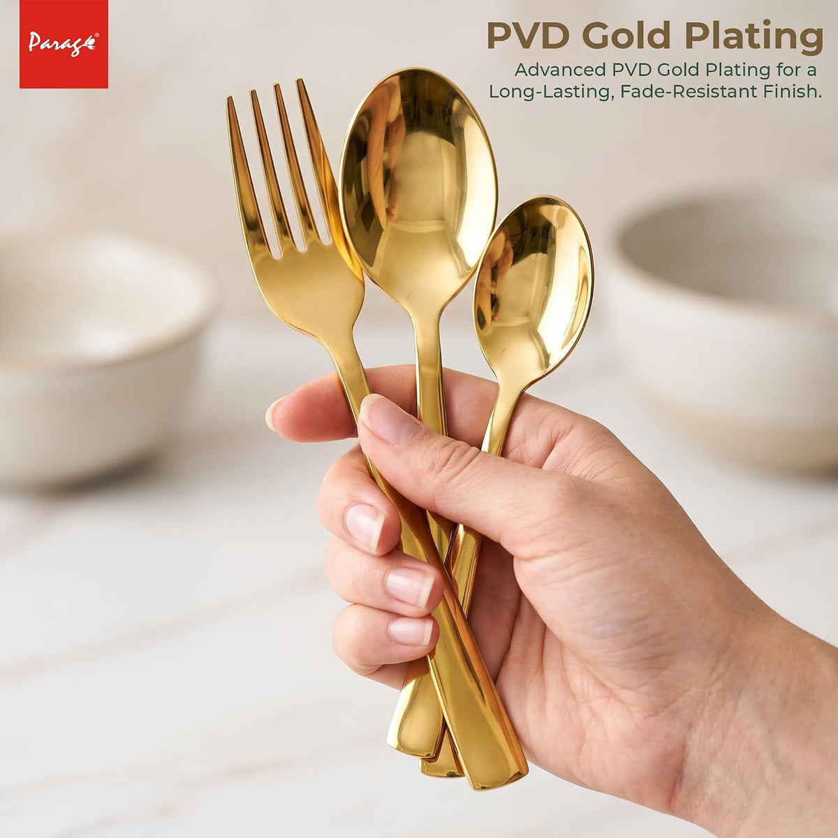 Parage 18 Pieces Stainless Steel Golden Spoon & Fork Set, Premium Cutlery Set for Home & Kitchen, Luxury PVD Gold Flatware for Elegant Dining (6 Pieces Each Table Spoons, Forks & Tea Spoons)