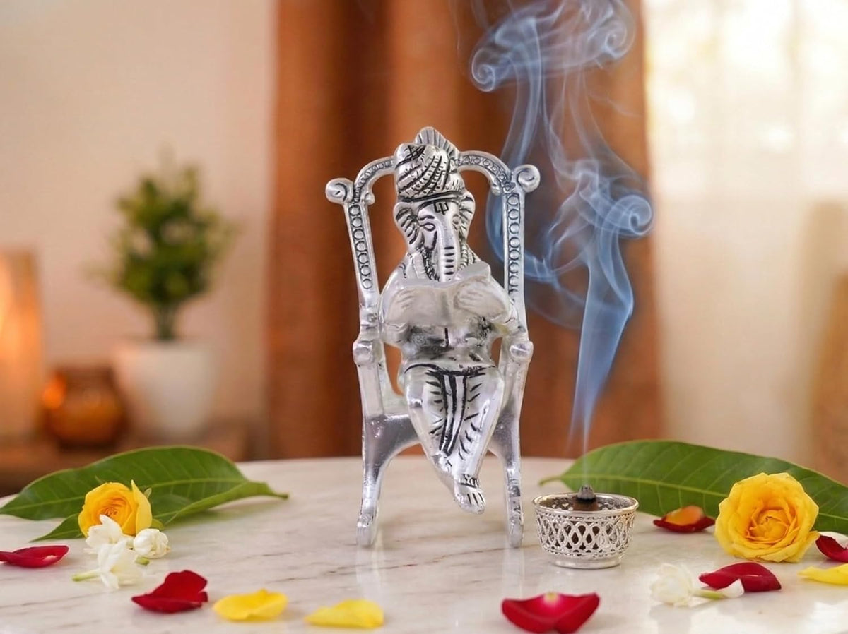 KridayKraft Metal Chair Ganesh ganpati Idol with Reading Ramayan Home Decoration and Gifts for Your Love Once