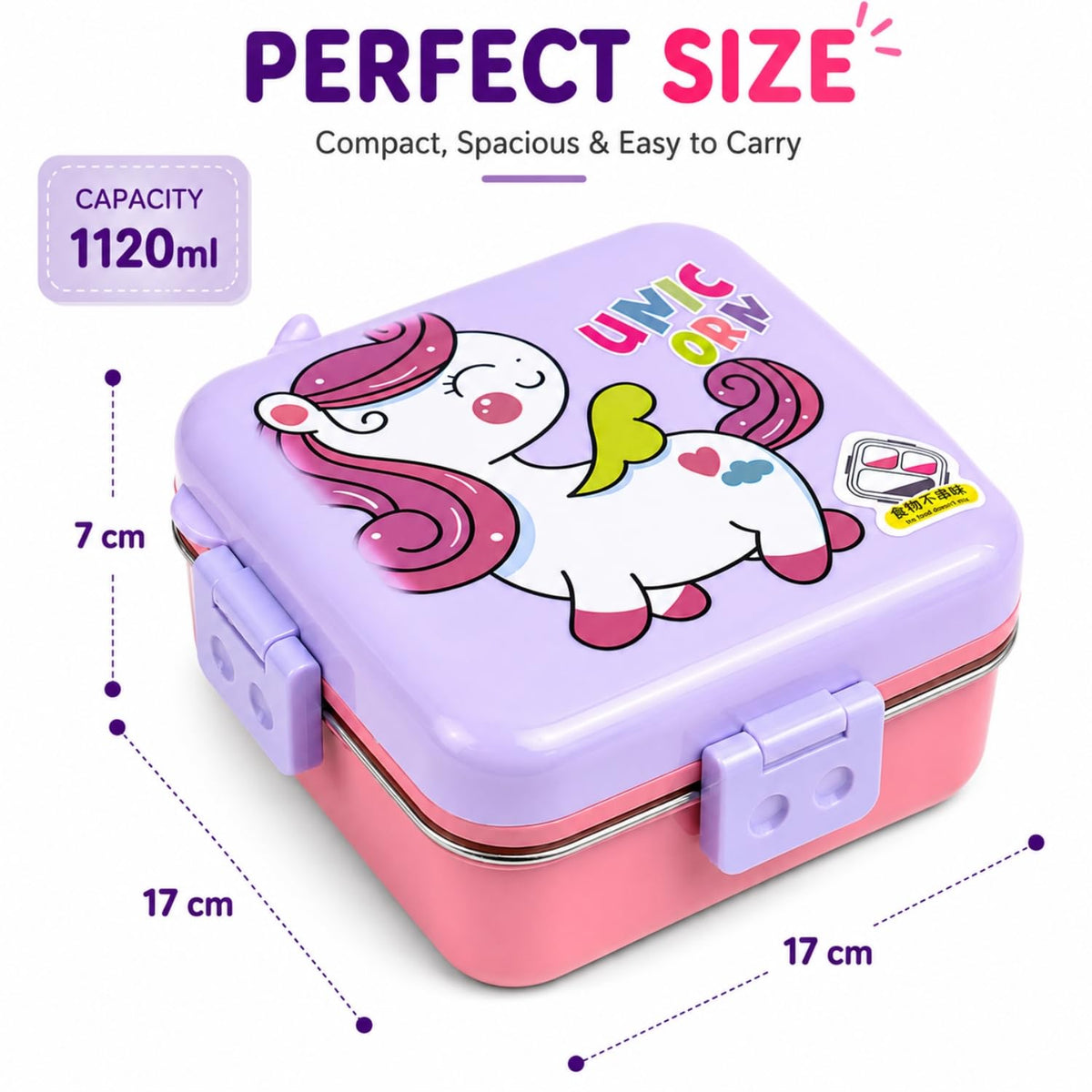 Toy Imagine 1120ml Stainless Steel Lunch Box for Kids, Unicorn Lilac