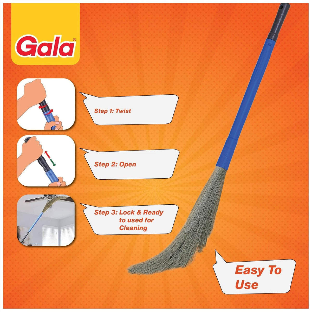 Gala No Dust – India's No. 1 Broom | Extendable Handle, No Ladder Needed for Ceiling & Fan Cleaning | Broomstick Jhadu | Traps Fine Dust & Hair, No Back Strain
