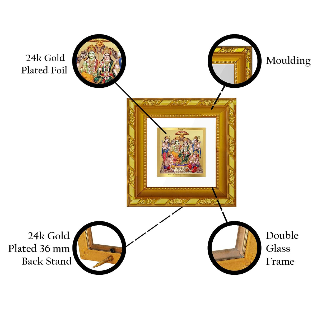 Diviniti Ram Darbar Gold Plated Wall Photo Frame, Table Décor| DG Frame 103 Size 1A and 24K Gold Plated Foil| Religious Photo Frame Idol For Pooja, Gifts Items (10.8 CM X 10.8 CM)