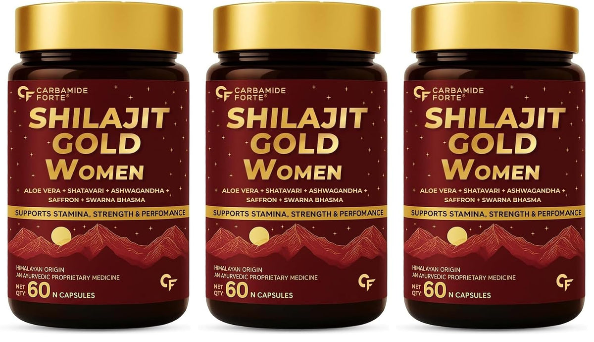 Carbamide Forte Shilajit Gold Capsules For Women With Pure Shilajeet Swarna Bhasma, Saffron & Ashwagandha | Himalayan Shilajit for Women | Shilajeet Gold Original | 60 Veg Capsules (Pack of 3)