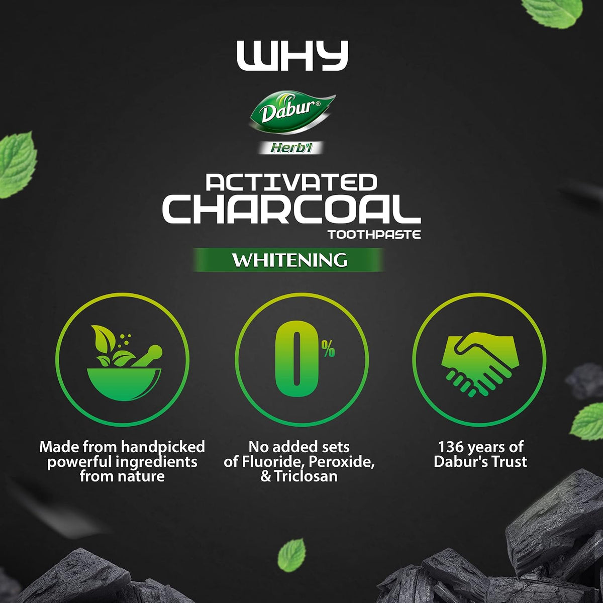DABUR Herb'L Activated Charcoal Toothpaste 120gm (Pack of 1)|Whitening Black Gel Toothpaste|Fluoride Free|Fights Plaque & Extrinsic Stains|With Power of Mint|Cool & Refreshing Mouth Experience