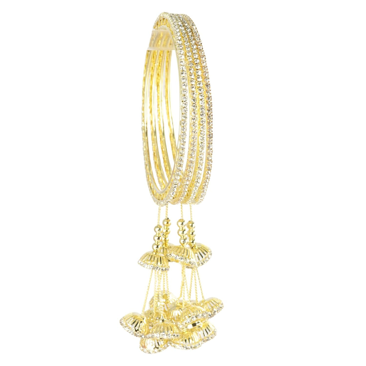 NMII Premium Alloy Metal Kada Set With Zircon Gemstone & Linked With Bell Latkan For Women & Girls | Traditional Jhumka Kalira Kada with Hangings | Wedding, Party, Festive Kaleera Bangles - Set of 4