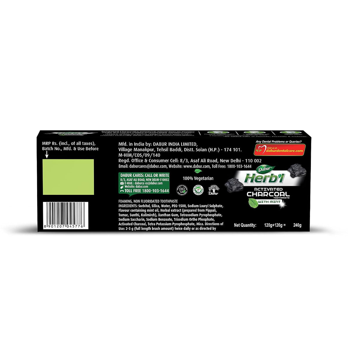 DABUR Herb'L Activated Charcoal Toothpaste 240G (120G x2, Pack of 2)|Whitening Black Gel Toothpaste|Fluoride Free|Fights Plaque & Extrinsic Stains|With Power of Mint|Cool & Refreshing Mouth Experience