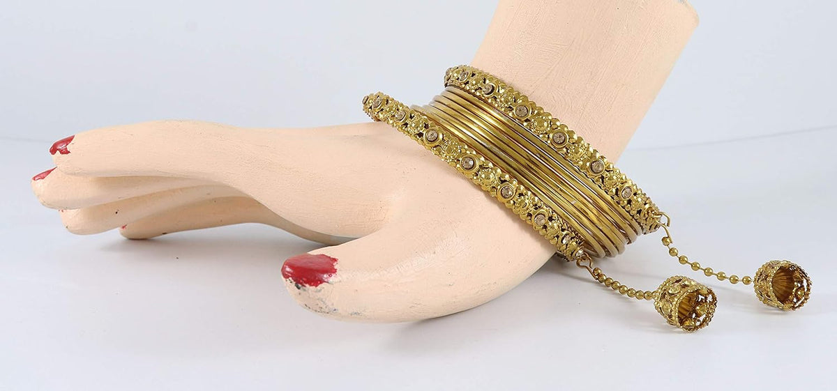 NMII Traditional Metal Bangles Set For Women & Girls with Zircon Gemstone & Latkan | Stylish Oxidised Look Gold Plated Bangles | Women's Fashion Jewellery