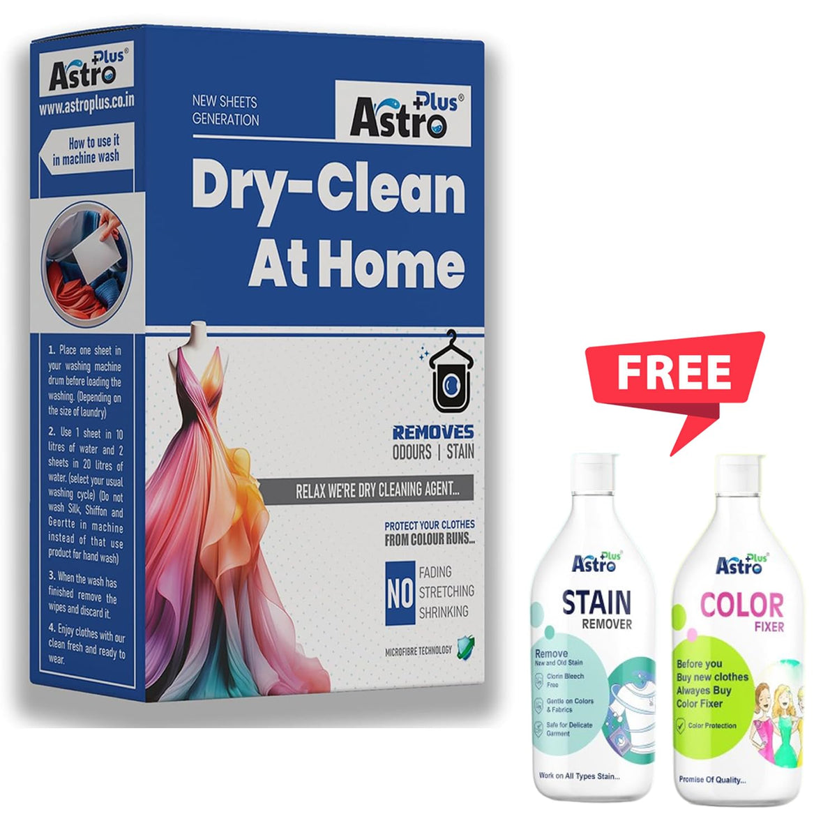 ASTRO PLUS+ Cloths Dry Clean at Home Liquid Sheets | Advance Cleaning Technology Silk Chiffon Cotton Georgette Linen and Woolen (20 Sheets) (500ml) & Stain Remover (500ml)