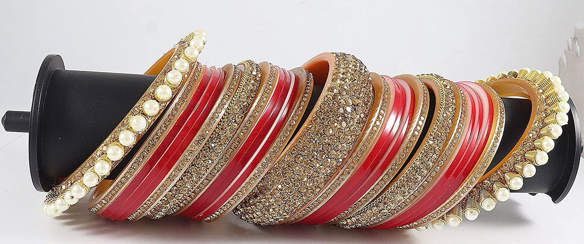 NMII Acrylic (Plastic) and Zircon Gemstone Studded with Pearl Glossy Finished (ONLY 1 HAND) Chuda Set For Women and Girls
