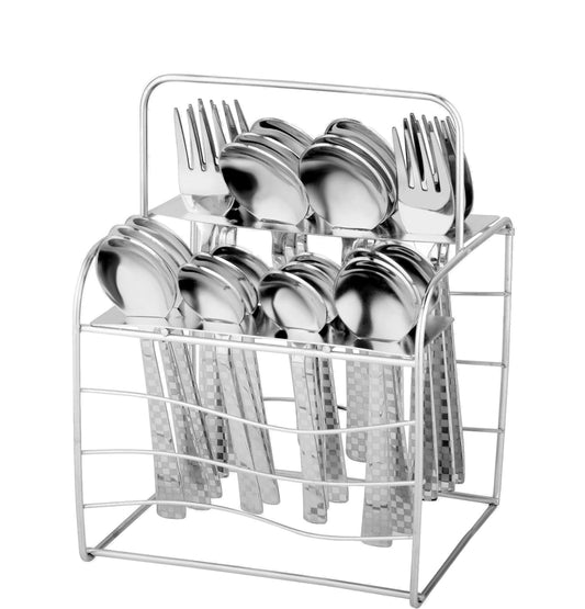 Parage 25 Pieces Decora Premium Stainless Steel Cutlery Set For Home & Kitchen (Contains: 6 Table Spoons, 6 Forks, 6 Master Spoons, 6 Soup Spoons, 1 SS Stand) Spoon Set, Dining Tableware Fancy- Silver