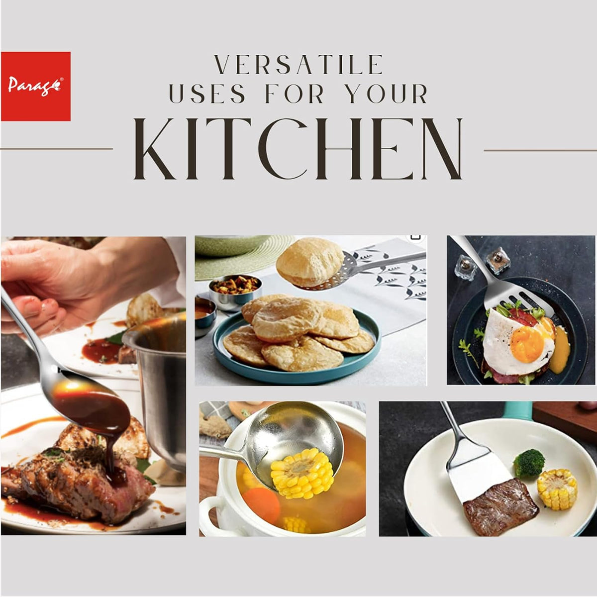 Parage 6 Pieces Stainless Steel Kitchen Tools for Cooking & Serving, Basting Spoon (Chamcha), Ladle(Karchhi), Slotted Turner, Skimmer(Jhara), Turner/Spatula (Palta), Blending Egg Whisk, Silver