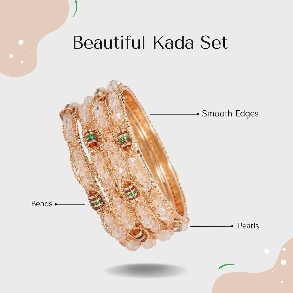 NMII Alloy Metal Golden Bangles Set For Girls & Women Studded Pearls, Beads and Chain | Stylish Bangles Set | Fancy Bangles Jewellery | Women's Bangle | (Pack of 4)
