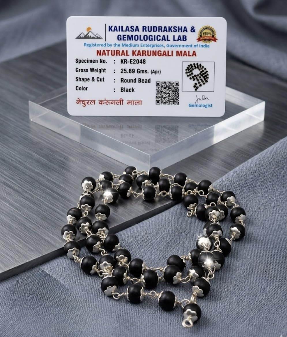 RUDRADIVINE Silver Plated Original Karungali Mala (Natural Ebony Wood Beads) – Spiritual Protection Necklace for Men & Women | Meditation, Puja & Negative Energy Protection
