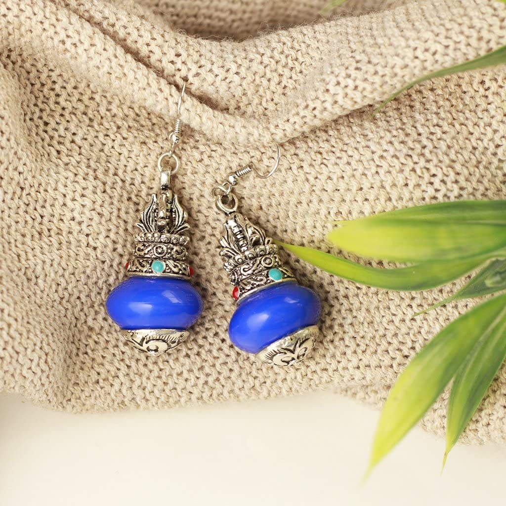 Priyaasi Oxidised Silver Blue Beaded Drop Earrings