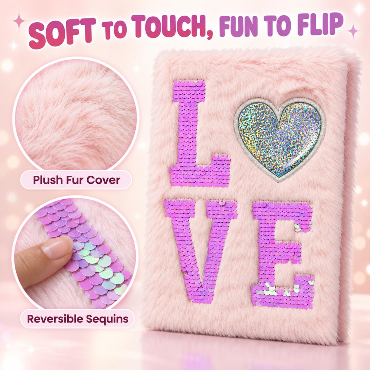 Toy Imagine Plush Notebook Diary Journal for Writing, Drawing & Notes Soft Fur Cover A5 Diary with Sequin Cute Aesthetic Love Design Personal Journal Gift for Girls & Women (Assorted)