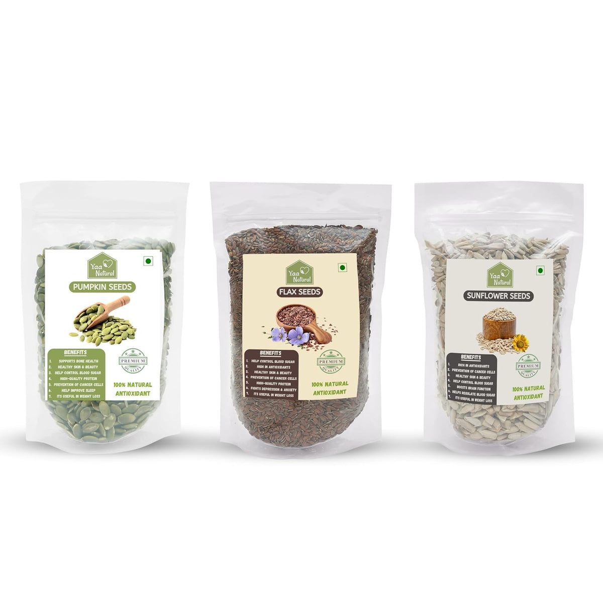 Yaa Natural Raw Pumpkin & Sunflower & FlaxSeeds - AAA Grade Seeds for Eating Source of Antioxidants Zinc & Iron & Dietary Fibre | Rich in Protein (